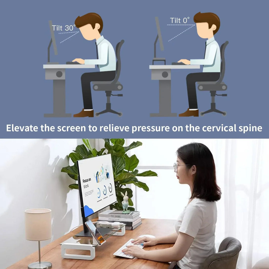 iDock Tempered Glass Smart Computer Monitor and Laptop Riser Stand with Phone Holder with USB Hub - iDock Laptopstand