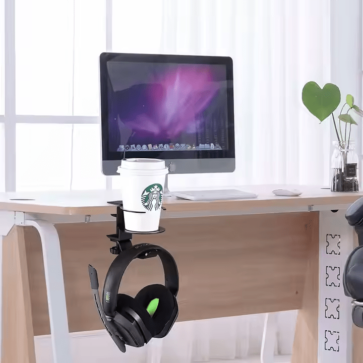 iDock Universal Foldable Aluminum Under Desk Gaming Headphone Hook Headset Clamp Holder Stand with Cup Holder - iDock Laptopstand